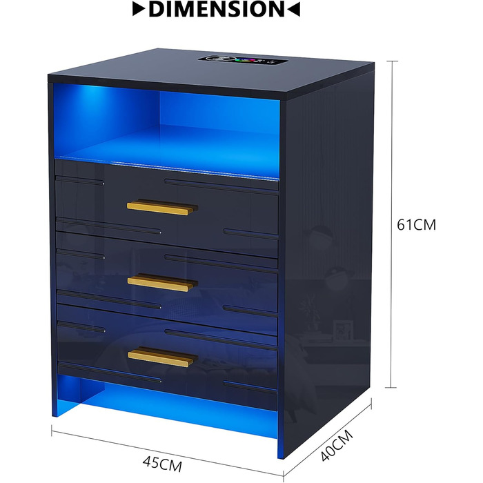 Приліжкова тумба Lvifur RGB із зарядною док-станцією, 3 ящики, USB-C, LED (чорний, звичайний)