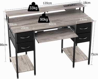 Ігровий стіл BEXEVUE з розетками та LED-підсвіткою 120x50 см. Сучасний комп'ютерний стіл з підставкою для клавіатури, 4 висувними ящиками та великою полицею для навчання, ігор та роботи. Колір: Pure Gray