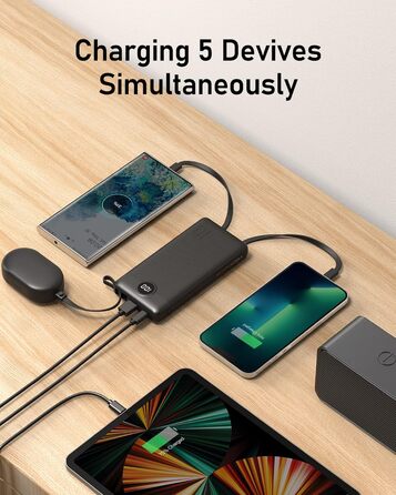 З кабелем, 5 виходів, LED-дисплей, сумісний з iPhone/Samsung/Xiaomi, 10000mAh USB C