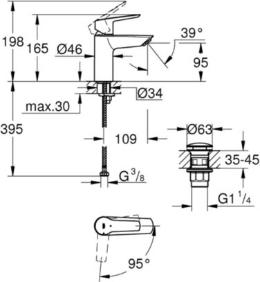 Змішувач для ванної кімнати Grohe Start, енергозберігаючий, з холодною водою в середній позиції, з поп-ап зливом, 17 см, хром, 23551002 S (198 мм)