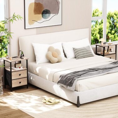 Нічний столик AMHANCIBLE з підзарядкою, приліжний столик з висувними ящиками з тканини, журнальний столик з відкритою полицею, з 2 USB-портами та 2 розетками, для спальні, вітальні, сірий HETS020GY-1