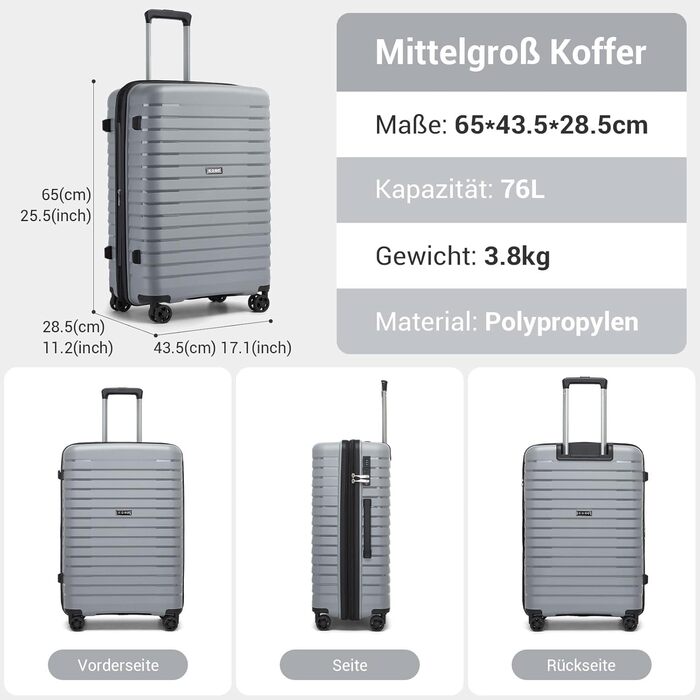 Чемодан KONO середнього розміру з жорстким корпусом, PP, з 4 колесами, розширюваний, легкий, з тримачем для напоїв та TSA замком (зелений, L)