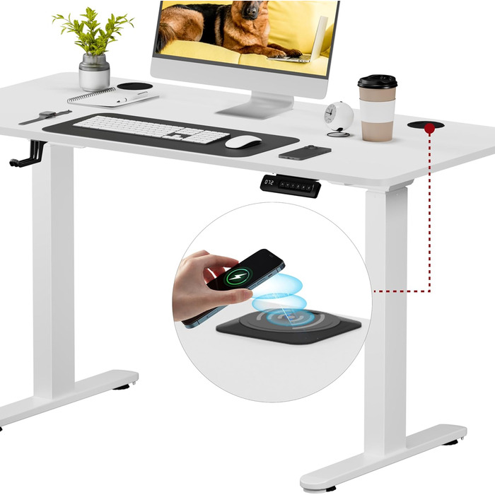Регульований стіл Sanodesk з бездротовою зарядкою та подвійним мотором, компактний 110x54 см. Стабільний електричний стіл для стояння та сидіння (110 x 54 см, білий)