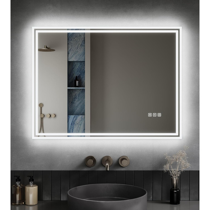 Дзеркало для ванної кімнати LOMIKEN з підсвічуванням, 60x50x3,5 см, LED, 6400K, холодний білий, економія енергії, вертикальне/горизонтальне кріплення, вимикач, захист від запотівання, 3 колірні температури