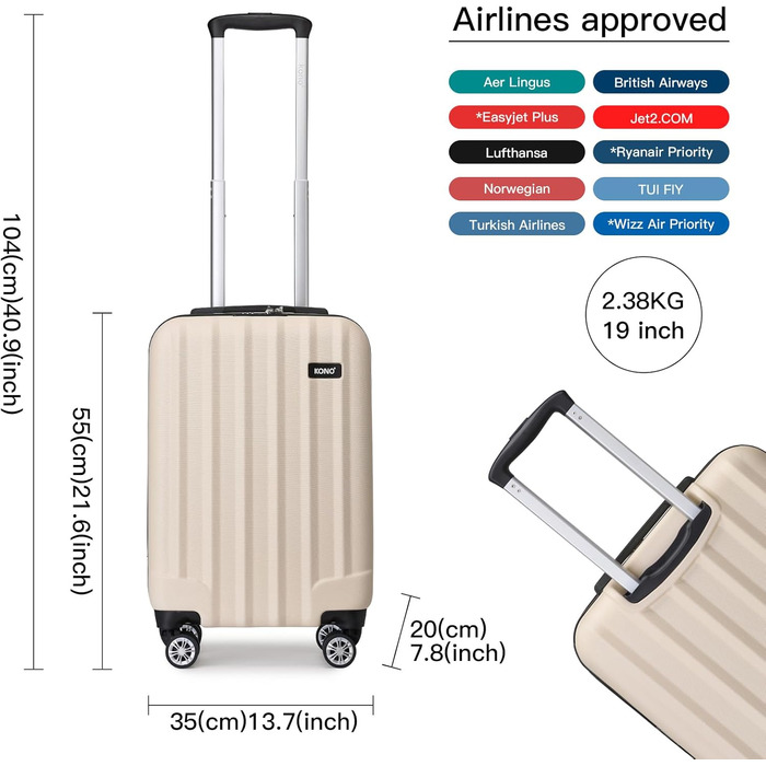 Троєвий валіза Kono ABS з жорстким корпусом, 4 колеса, з замком (Бежевий, ручна поклажа)