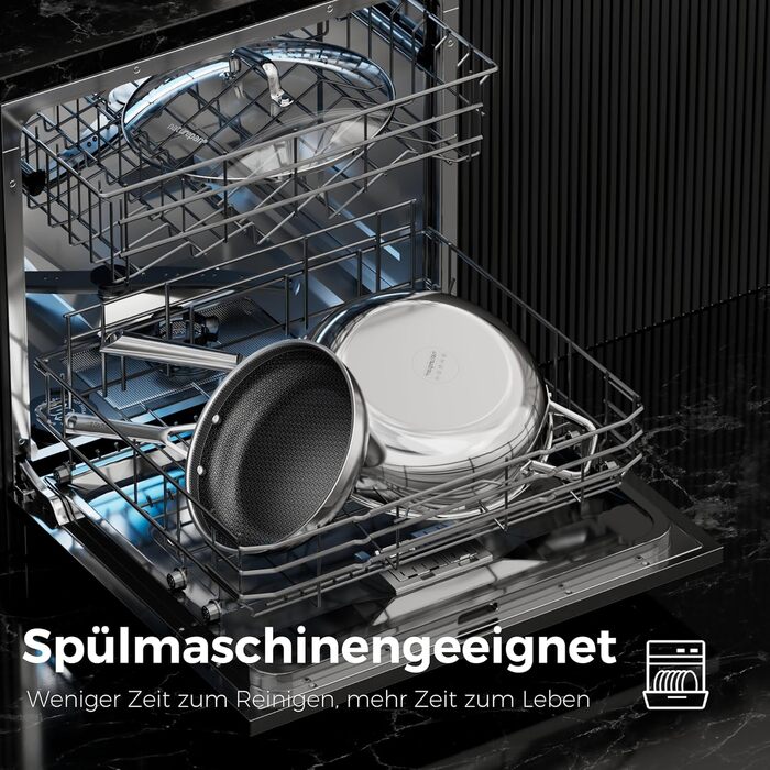 Набір сковорідок DiamondTitan з нержавіючої сталі, 3 шт. (20+24+28 см), антипригарне покриття з кераміки, для всіх типів плит, лазерне різьблення у вигляді стільникової структури, не нагрівається ручка, придатні для миття в посудомийній машині