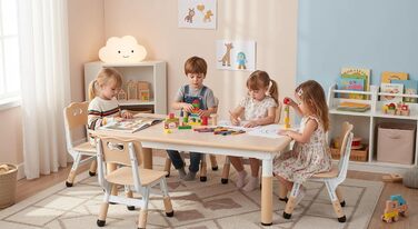 Дитячий стіл з 6 стільцями: комплект для дитячого садка та кімнати, регульована висота, пластикові меблі, жовтий