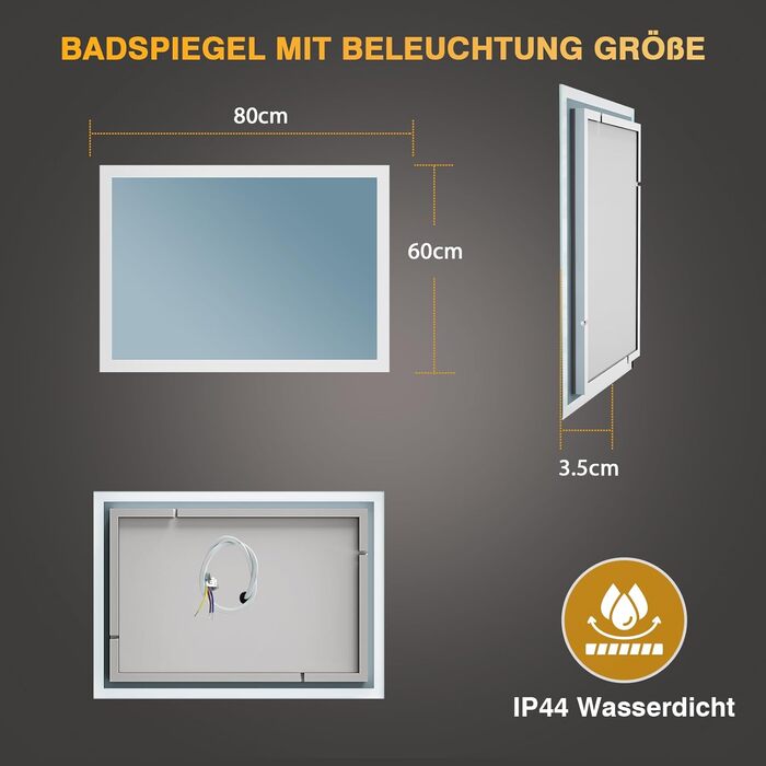 Дзеркало для ванної кімнати з підсвічуванням LED, антизапар, 2 кольори світла (3000K/6500K), нахильний вимикач, прямокутне, 45x60 см