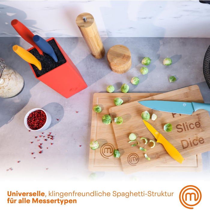 Набір ножів MasterChef 5-ти частинний: кухарський, хлібний, сатокі, овочевий, універсальний. З нержавіючої сталі, гострі, чорний, Soft-Touch ручки.