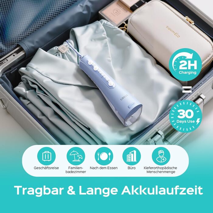 COSLUS Душова насадка електрична бездротова, Testsieger 2026: 20 рівнів тиску води, IPX7 водонепроникність, точна технологія Anti-Splash, 4 режими для здоров'я ротової порожнини, для щоденного використання та подорожей, 5 інтенсивностей (блакитний)