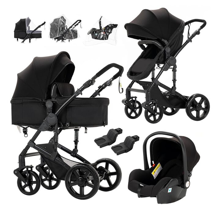 Дитяча коляска Prokoke 3 в 1, Buggy з регульованою ручкою, алюмінієвий каркас, складана, для новонароджених (чорний 588, модель 588)