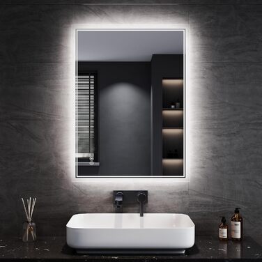 Дзеркало для ванної кімнати SONNI з підсвічуванням 80x60 см, 3 кольори світла, проти запотівання, LED, сенсорна кнопка, годинник, температура, 3-кратне збільшення