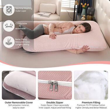 Подушка для вагітних GKXLH – підтримка спини, живота та стегон, J-подібна форма, знімний чохол (Cooling Pink)
