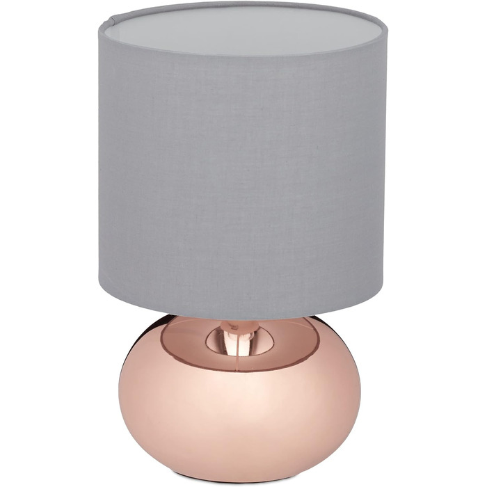 Настільна лампа Relaxdays, кругла приліжкова лампа з сенсорним управлінням, HxD 27,5 x 18 см, E14, настільна лампа з тканинним абажуром, (мідь/сірий)