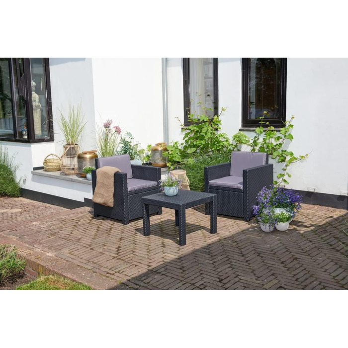 Набір меблів для балкона Allibert Victoria, графіт/cool grey, 3 шт., з подушками для сидіння та спинки, пластик, імітація ротангу, графіт/сірий