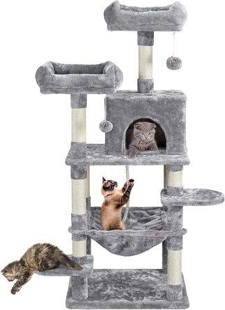 Кігтеточка Yaheetech Cat Tree 150 см з 2 приємними оглядовими майданчиками Sisal Cat Furniture Дерево для скелелазіння для великих кішок, світло-сіре 60,5 см x 50,5 см x 146,5 см (ДхШхВ) Світло-сірий