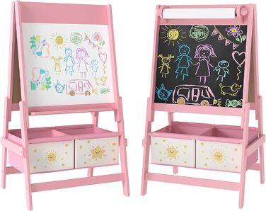 Дитяча мольберт AIYAPLAY 3 в 1, рожевий: двосторонній, з рулоном паперу та 2 кошиками для зберігання, для дітей 3-8 років