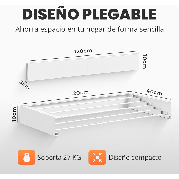 Настінна сушарка для білизни Jupplies, 120 см, розкладна, з алюмінію, 30 кг, для дому та вулиці (біла)