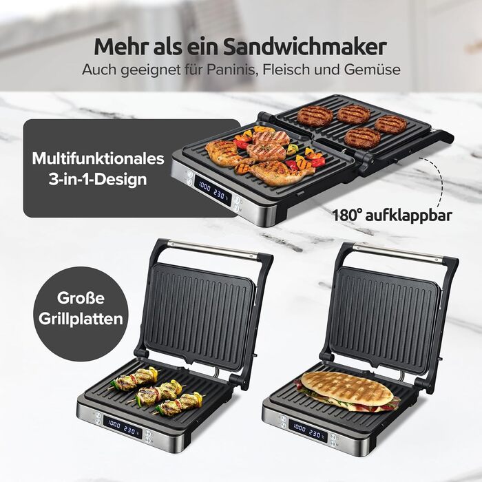 Olvy Sandwichmaker XXL: Цифровий контактний гриль 3-в-1 з антипригарним покриттям, регульована температура, таймер, велика поверхня приготування, Cool-Touch ручка, покриття без PFAS