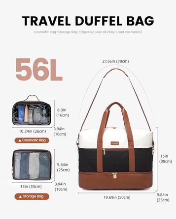 Сумка-валіза LOVEVOOK для жінок, спортивна сумка-мішок, дорожня сумка на вихідні, ручна поклажа для літака, сумка для пологового будинку, дорожня сумка для одягу з відділенням для взуття, бежево-коричнево-чорна, 50x38x25 см