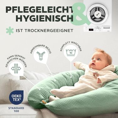 Подушка для вагітних Sei Design XXL: ергономічна, з м'якою екологічною начинкою, 190x30 см, бавовна, Mint Green