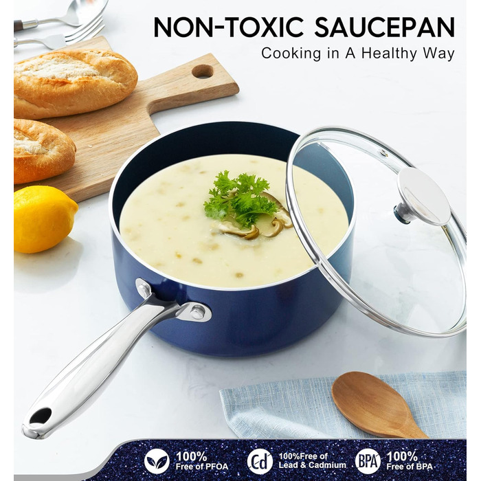 Набір каструль Michelangelo з керамічним покриттям, 1.5л, 2л, 3л, з кришкою, з нержавіючої сталі, синій, для плити та духовки