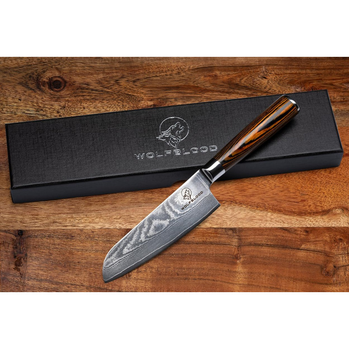 Ніж Santoku Wolfblood з дамаської сталі 67 шарів (24 см) - професійний кухонний ніж з дерев'яною ручкою, подарункова коробка та захист леза
