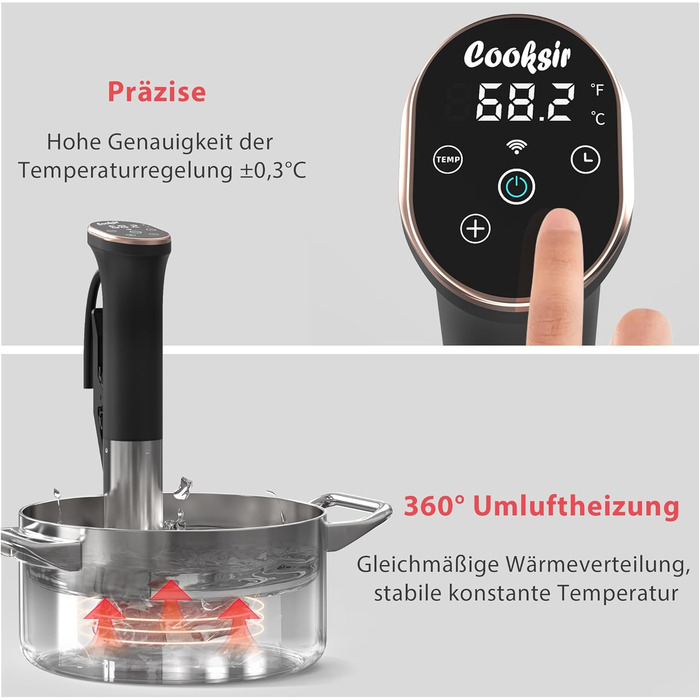 Cooksir Су-від Гастрономічний пристрій, 1400W, 35см, з нержавіючої сталі, Wi-Fi, сенсорне керування, LED, комплект вакуумних пакетів та насос, кулінарна книга