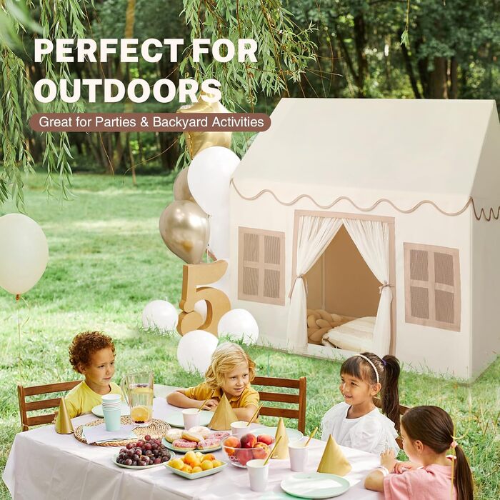 Дитяче намет-ігровий будиночок Wilwolfer з килимком для малюків: Принцесин будиночок з бахромою для дівчаток та хлопчиків - Великий намет для гри в приміщенні та на вулиці, кремовий колір