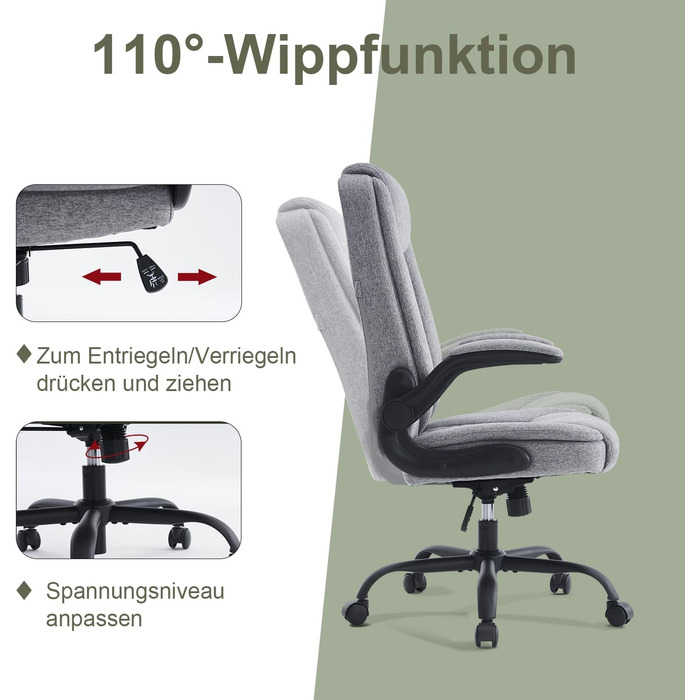 Офісний крісло CASTLOVE Ергономічне, для дому та офісу, сірого кольору, з підлокітниками, регулюванням висоти та нахилу, з підголівником, 150 кг, тканина