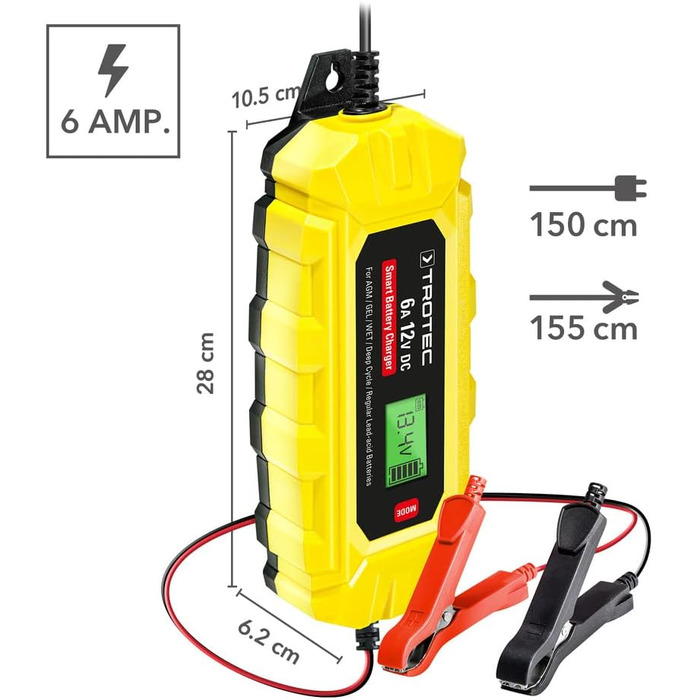 Універсальний зарядний пристрій TROTEC 12V для автомобілів, мотоциклів, будинків на колесах, тракторів, транспортерів, IP65 (PBCS 6A)