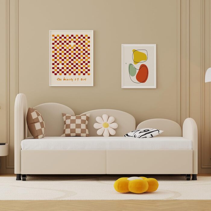 Дитяче ліжко-табурет 90x200 з висувним спальним місцем, ліжко-диван для підлітків, каркас без матраца, велюр, бежевий