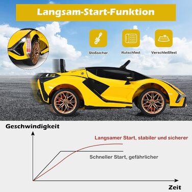 Дитячий електромобіль Lamborghini 12V з пультом, ременем безпеки, світлом, музикою і сигналом, жовтий – електрокар для дітей від 3 років