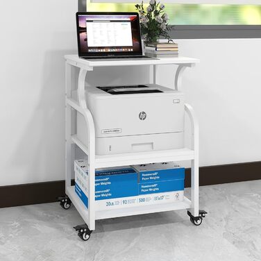 Регульований стіл для принтера PUNCIA з 3 ящиками, 60 x 50 см, на коліщатках, з дерева та металу, білий