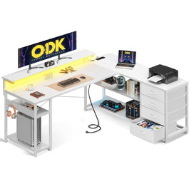 Письмовий стіл ODK з шухлядами, кутовий, з 2 розетками та 2 USB-портами для зарядки, L-подібний офісний стіл з LED-підсвічуванням для дому та офісу, 155×110 см (білий)