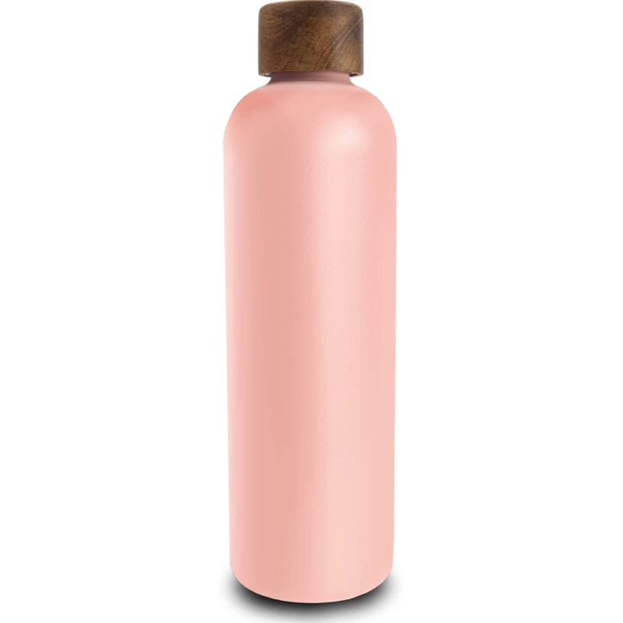 Термос для пиття з нержавіючої сталі T&N, 1 л з кришкою з дерева акації, ізольована пляшка для води, герметична для газування, ізольована пляшка об'ємом 1000 мл- (тілесного кольору, 1 літр)