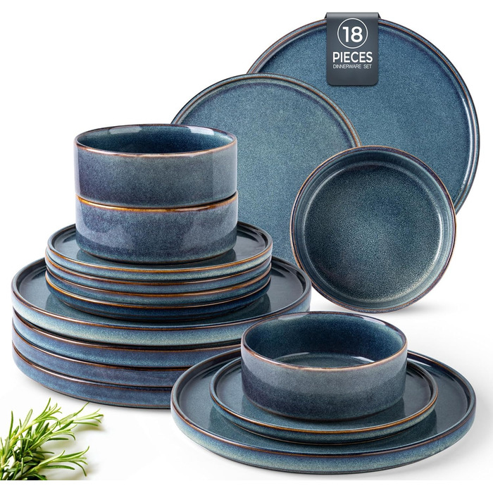 Набір посуду GBHOME 18 шт. з реактивною глазур'ю: тарілки та миски, чорно-оливковий колір, стійкий до сколів та розбиття, підходить для миття в посудомийній машині та використання в мікрохвильовці