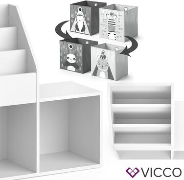 Дитяча полиця Vicco Полиця для іграшок Луїджі Книжкова шафа для зберігання Полиця для коміксів для дітей ((лавка 2 відділення), ) (біла, 72x79 зі складними коробками для панди/тигра)