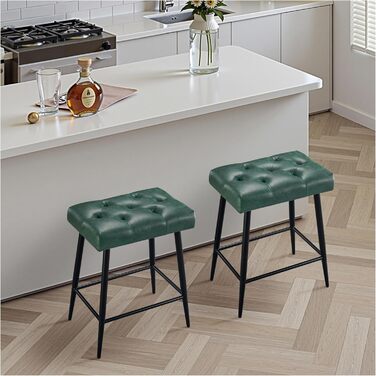 Набір з 2 барних стільців, м'яке сидіння з мікрофібри, ретро дизайн з підніжкою, висота 62.5 см, без спинки, для кухні, бістро, їдальні - сірий (зелений туфтинг)