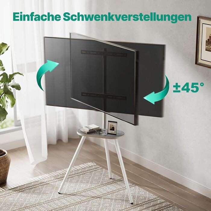 Настінна кріплення для телевізора 43-65 дюймів (LCD, LED, OLED) до 35 кг, регульована висота та поворотна, дерев'яна стійка з дерев'яним підносом, VESA 400x400 мм (білий глянц)