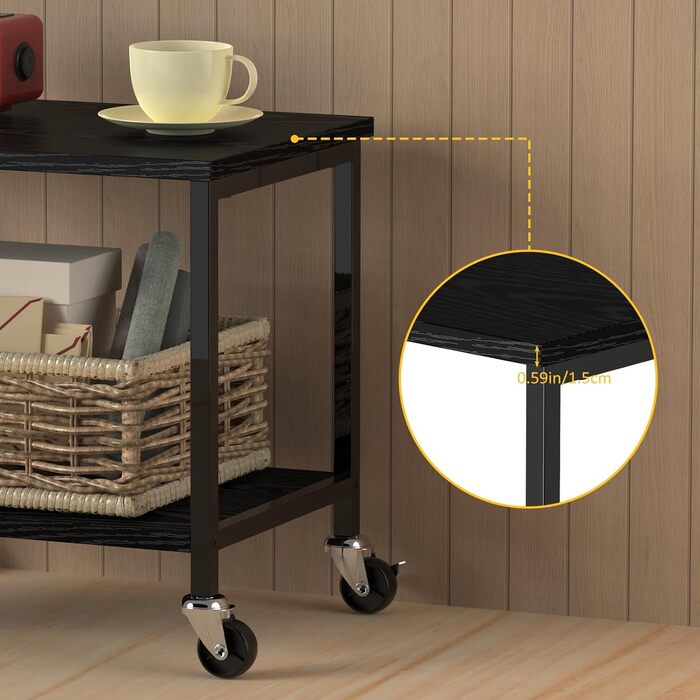 Двоярусний стіл для принтера з роликами, 30x42x37 см, дерев'яний та металевий, мобільний, для офісу та вітальні, чорний