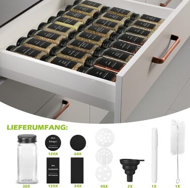 Набір контейнерів для спецій на 30 штук з мірками та вологостійкими етикетками, 120 мл, чорний, з кришками