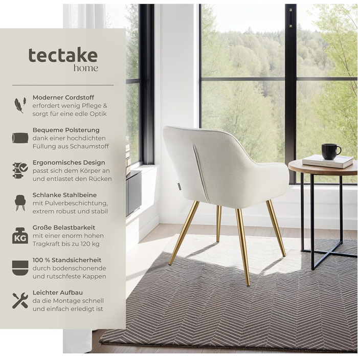 Тектейк® 4 шт. Крісла для їдальні/вітальні з підлокітниками, м'які, Cord, Loungesessel, для кухні, офісу - Кремовий/Золотий набір 4 шт.
