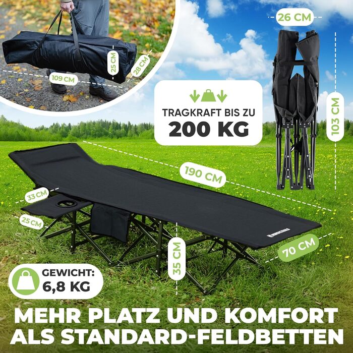 Розкладне кемпінгове ліжко NORDICTRAILS XXL з м'яким матрацом, чорне (190 x 70 см) — зручне ліжко для відпочинку на природі, риболовлі та гостей