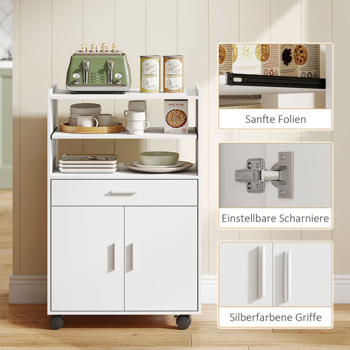 Мікрохвильова шафа-стелаж з двома дверцятами та висувними ящиками на колесах, білий