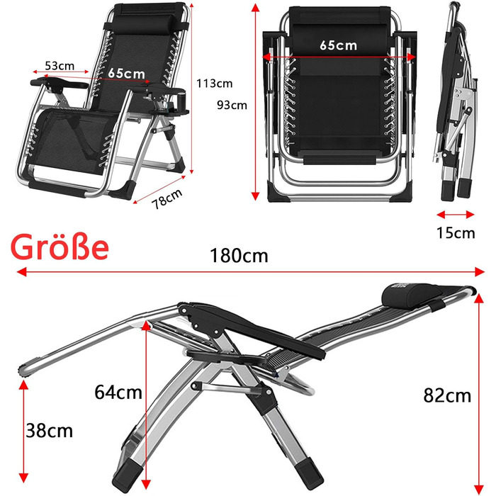 Розкладний шезлонг для саду та відпочинку на природі - 200 кг, срібний (65 см)