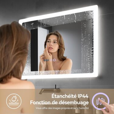 Дзеркало для ванної кімнати YU YUSING з підсвічуванням 80x60 см, LED, 3 кольори світла, регулювання яскравості, антизапар, сенсорне управління, таймер, загартоване скло, IP44 (прозоре)