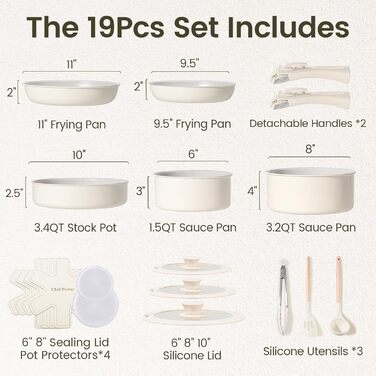 Набір кухонного посуду Chef Power Keramik, 19 частин: сковорідки та каструлі з антипригарним покриттям, без PFOA, PTFE, PFAS, для індукційних плит, сумісний з духовкою, миється в посудомийній машині, кремово-білий (Granite Grey & Cream White)