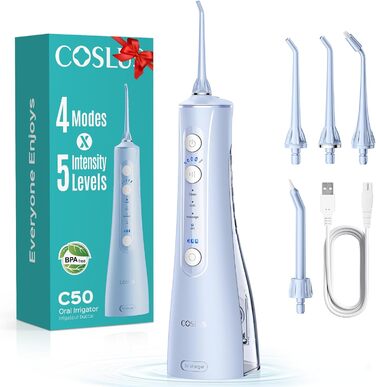COSLUS Душова насадка електрична бездротова, Testsieger 2026: 20 рівнів тиску води, IPX7 водонепроникність, точна технологія Anti-Splash, 4 режими для здоров'я ротової порожнини, для щоденного використання та подорожей, 5 інтенсивностей (блакитний)