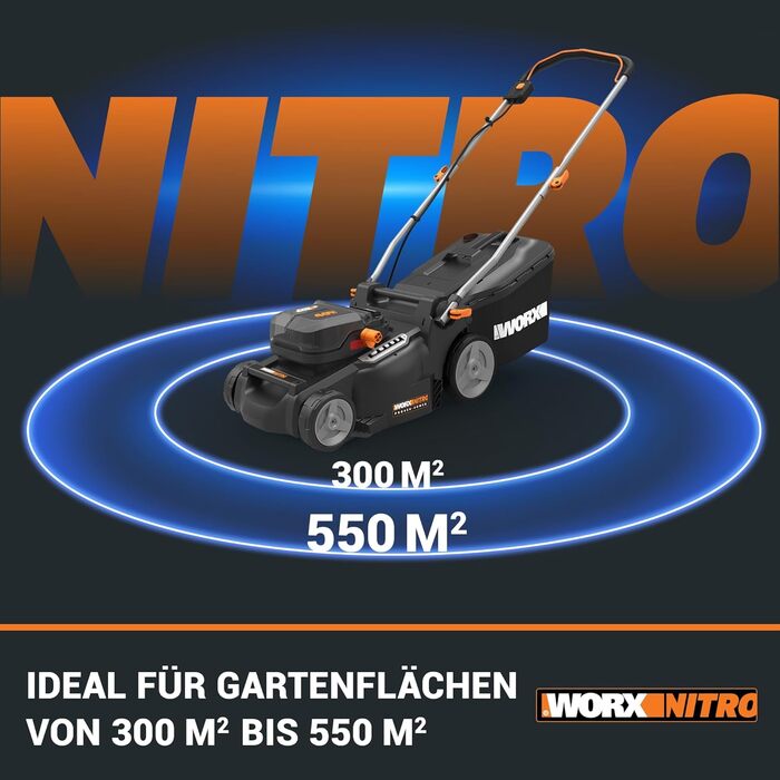 WORX WG737E акумуляторний газонокосарка Nitro 40V (2x20V) - безщітковий двигун, ширина зрізу 37 см, 6 рівнів висоти зрізу (20-70 мм), 40л травозбірник, 2x4Ah акумулятори та подвійний зарядний пристрій, без приводного колеса